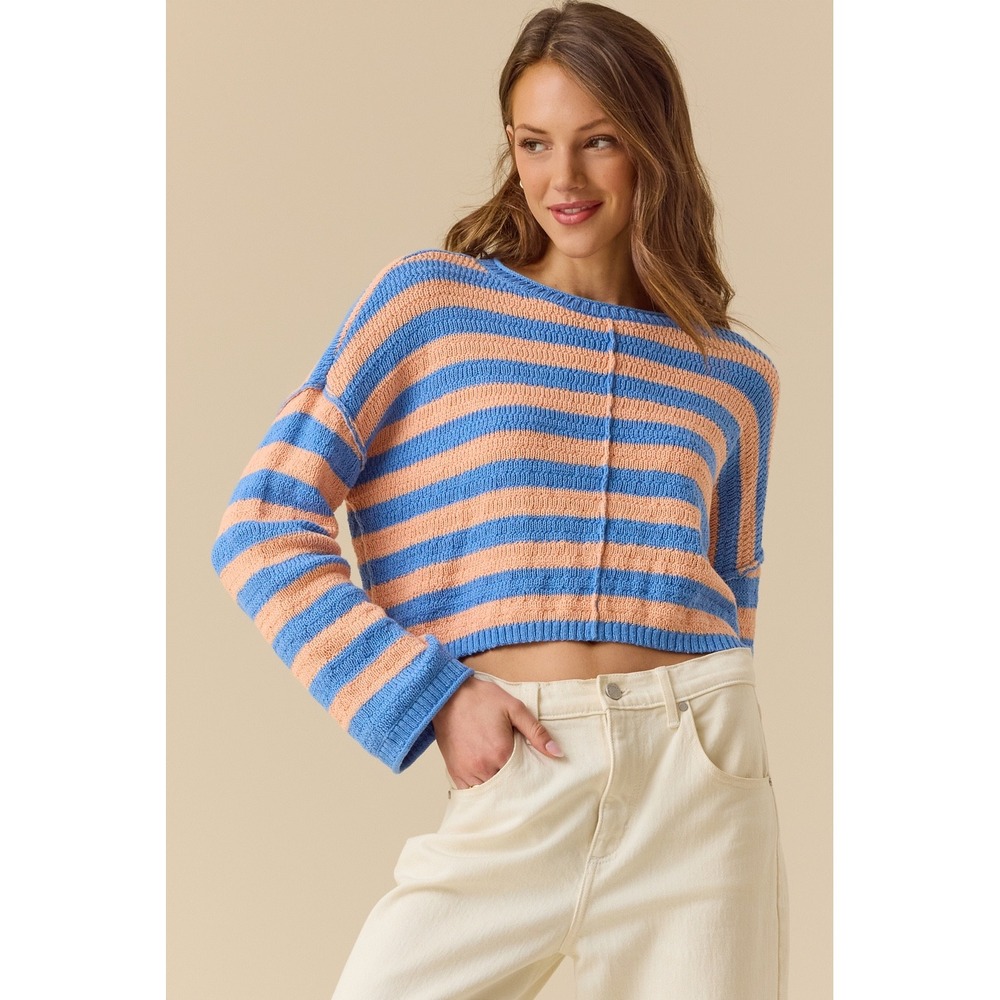 Altar'd State Womens Blue Peach Striped‎ Cropped Sweater Size XXS NWT